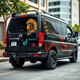 A 2001 Nissan Caravan E24 featuring a sleek black base color beautifully enhanced with vibrant Aztec accents