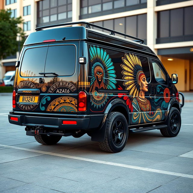 A 2001 Nissan Caravan E24 featuring a sleek black base color beautifully enhanced with vibrant Aztec accents