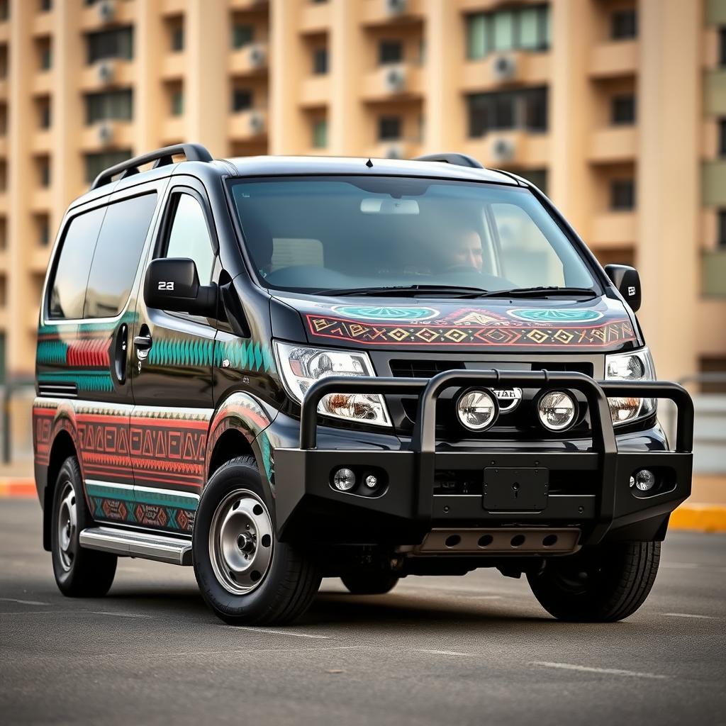 A 2001 Nissan Caravan E24 with a sophisticated black base color, accentuated by vibrant Aztec accents