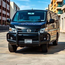 A 2001 Nissan Caravan E24 with a sophisticated black base color, accentuated by vibrant Aztec accents