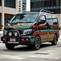 A 2001 Nissan Caravan E24 with a sophisticated black base color, accentuated by vibrant Aztec accents