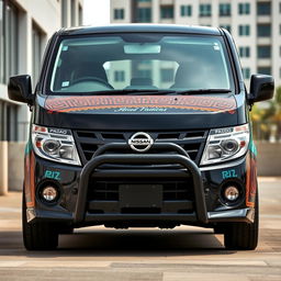 A 2001 Nissan Caravan E24 with a sophisticated black base color, accentuated by vibrant Aztec accents