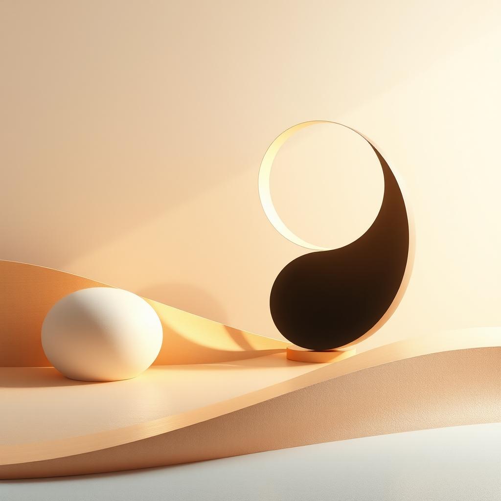 A scene depicting an abstract interpretation of harmony and balance, featuring elements like perfectly aligned geometric shapes, soothing color gradients, and soft light