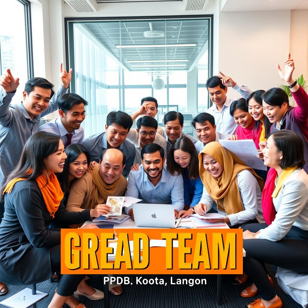 A vibrant and dynamic team photo of the PPDB Kota Bogor Great Team, showcasing diverse members working together in harmony