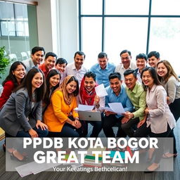 A vibrant and dynamic team photo of the PPDB Kota Bogor Great Team, showcasing diverse members working together in harmony