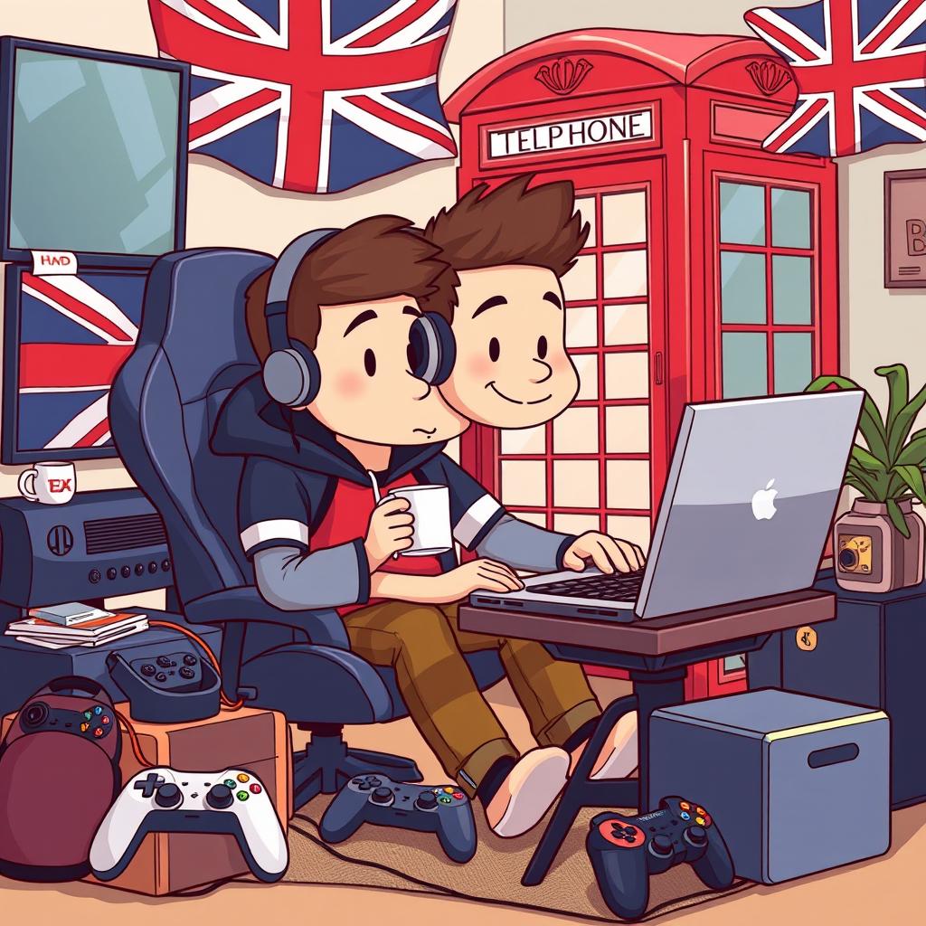 A cartoon-style depiction of a British gamer sitting at a laptop