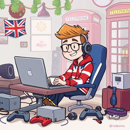 A cartoon-style depiction of a British gamer sitting at a laptop