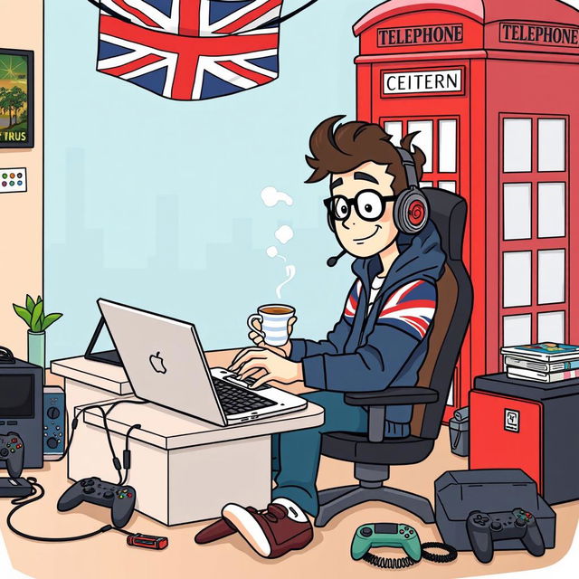 A cartoon-style depiction of a British gamer sitting at a laptop