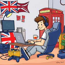 A cartoon-style depiction of a British gamer sitting at a laptop