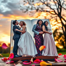 A captivating and romantic book cover showcasing four diverse couples standing together, each couple uniquely representing love and connection