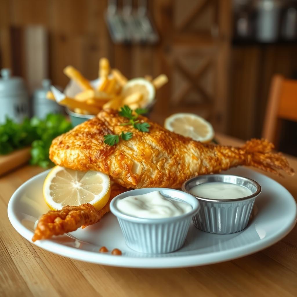 A delicious, golden-brown fried fish served on a white plate, garnished with lemon wedges and fresh parsley, with a side of crispy french fries and a small bowl of tartar sauce