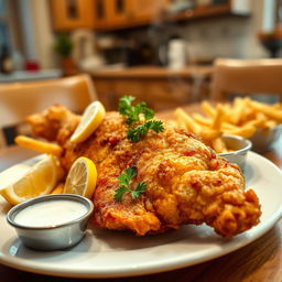 A delicious, golden-brown fried fish served on a white plate, garnished with lemon wedges and fresh parsley, with a side of crispy french fries and a small bowl of tartar sauce