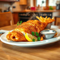 A delicious, golden-brown fried fish served on a white plate, garnished with lemon wedges and fresh parsley, with a side of crispy french fries and a small bowl of tartar sauce