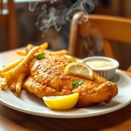 A delicious, golden-brown fried fish served on a white plate, garnished with lemon wedges and fresh parsley, with a side of crispy french fries and a small bowl of tartar sauce