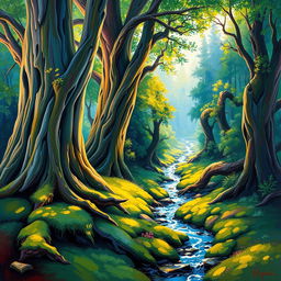 A vibrant and colorful abstract painting of a serene forest landscape