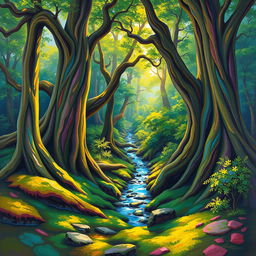 A vibrant and colorful abstract painting of a serene forest landscape