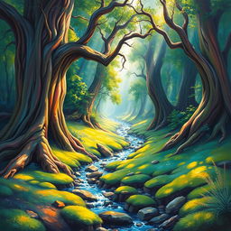 A vibrant and colorful abstract painting of a serene forest landscape