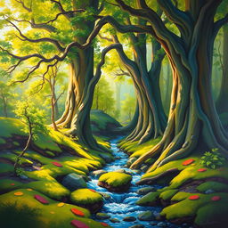 A vibrant and colorful abstract painting of a serene forest landscape