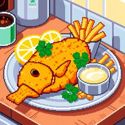 A pixel art depiction of a fried fish, with an appealing golden-brown texture, set on a pixel art plate