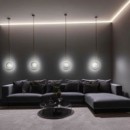 Modern living room with spotlights hanging from the ceiling, dark grey couches adorned with circular LED lights, evoking a cozy yet contemporary feel.