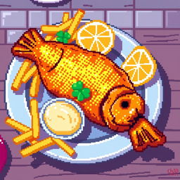 A pixel art depiction of a fried fish, with an appealing golden-brown texture, set on a pixel art plate