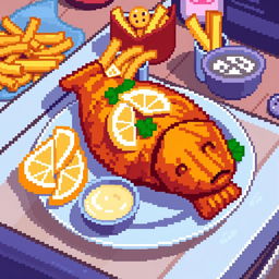 A pixel art depiction of a fried fish, with an appealing golden-brown texture, set on a pixel art plate