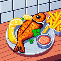 A pixel art depiction of a fried fish, with an appealing golden-brown texture, set on a pixel art plate