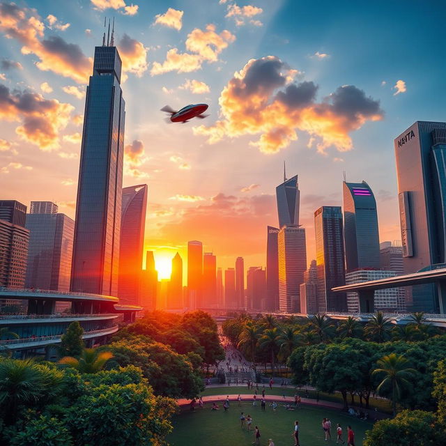 A magnificent futuristic cityscape bathed in a radiant sunset, towering skyscrapers made of glass and steel reflecting the vibrant hues of orange and purple