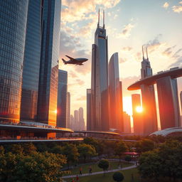 A magnificent futuristic cityscape bathed in a radiant sunset, towering skyscrapers made of glass and steel reflecting the vibrant hues of orange and purple