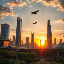 A magnificent futuristic cityscape bathed in a radiant sunset, towering skyscrapers made of glass and steel reflecting the vibrant hues of orange and purple