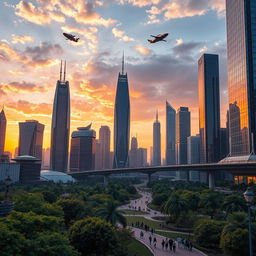 A magnificent futuristic cityscape bathed in a radiant sunset, towering skyscrapers made of glass and steel reflecting the vibrant hues of orange and purple