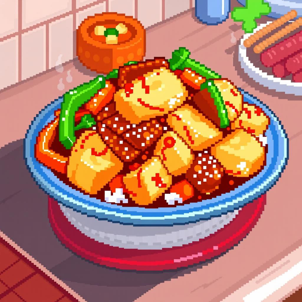 A pixel art depiction of a stir-fried fish dish, with chunks of fish coated in a glossy, savory sauce, featuring vibrant pixelated vegetables like bell peppers and carrots