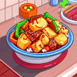 A pixel art depiction of a stir-fried fish dish, with chunks of fish coated in a glossy, savory sauce, featuring vibrant pixelated vegetables like bell peppers and carrots