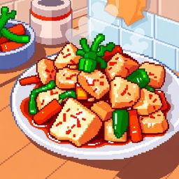 A pixel art depiction of a stir-fried fish dish, with chunks of fish coated in a glossy, savory sauce, featuring vibrant pixelated vegetables like bell peppers and carrots