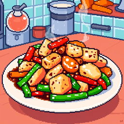 A pixel art depiction of a stir-fried fish dish, with chunks of fish coated in a glossy, savory sauce, featuring vibrant pixelated vegetables like bell peppers and carrots