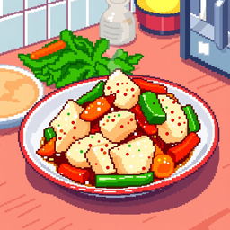 A pixel art depiction of a stir-fried fish dish, with chunks of fish coated in a glossy, savory sauce, featuring vibrant pixelated vegetables like bell peppers and carrots