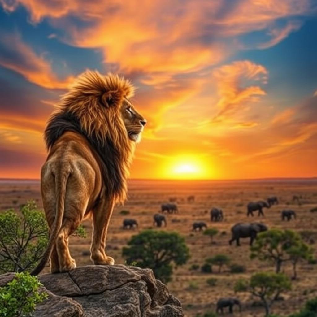 A majestic lion standing on a rocky cliff, overlooking the savannah as the sunset casts a warm golden hue over the landscape