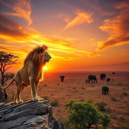 A majestic lion standing on a rocky cliff, overlooking the savannah as the sunset casts a warm golden hue over the landscape