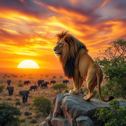 A majestic lion standing on a rocky cliff, overlooking the savannah as the sunset casts a warm golden hue over the landscape