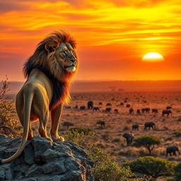 A majestic lion standing on a rocky cliff, overlooking the savannah as the sunset casts a warm golden hue over the landscape