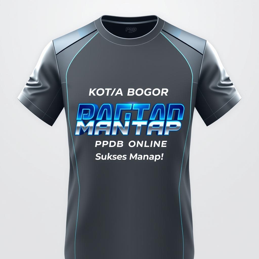 Create a modern, futuristic T-shirt featuring the logo 'Kota Bogor Mantap PPDB Online' with small text 'Sukses Mantap!'