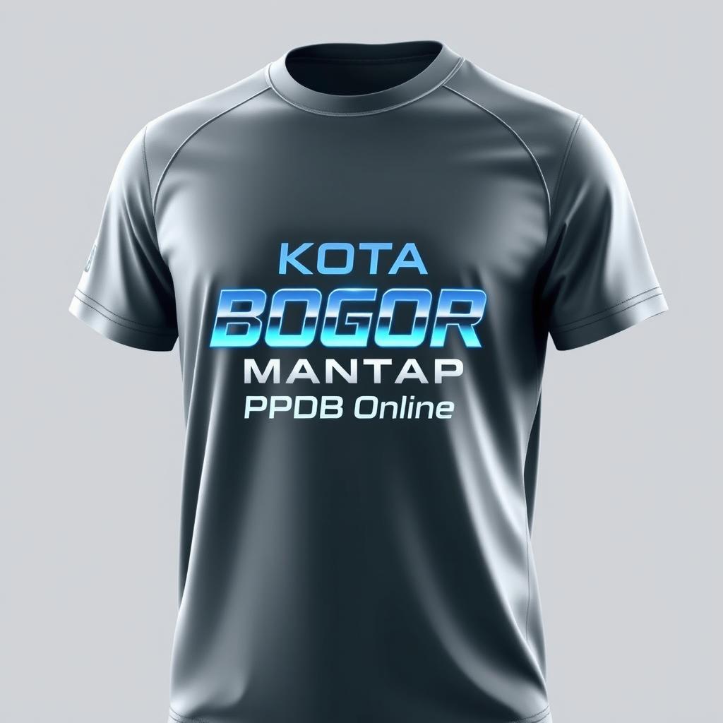 Create a modern, futuristic T-shirt featuring the logo 'Kota Bogor Mantap PPDB Online' with small text 'Sukses Mantap!'