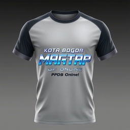 Create a modern, futuristic T-shirt featuring the logo 'Kota Bogor Mantap PPDB Online' with small text 'Sukses Mantap!'