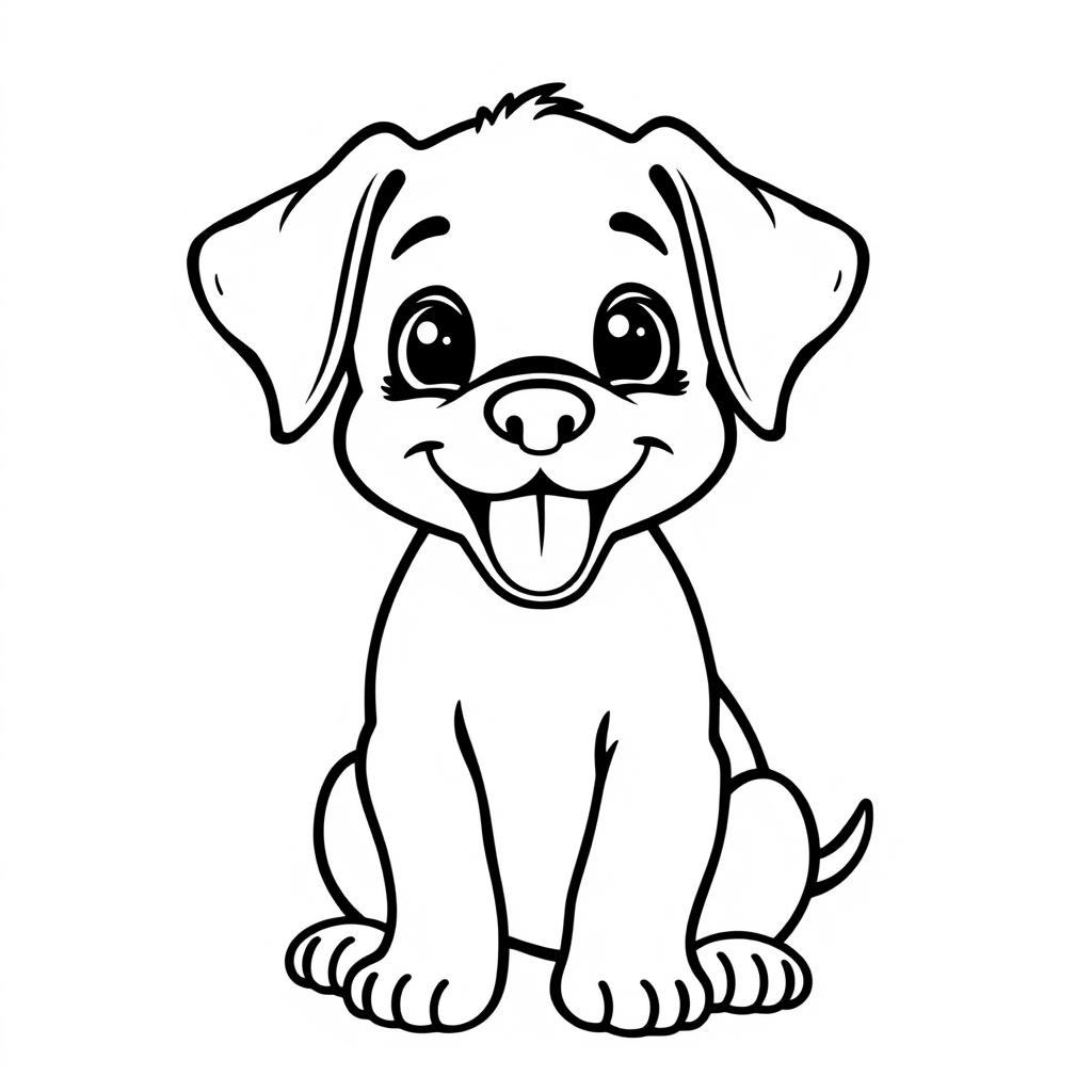 Cute and simple puppy, panting happily with its tongue out, outlined in bold black lines for a user-friendly coloring page