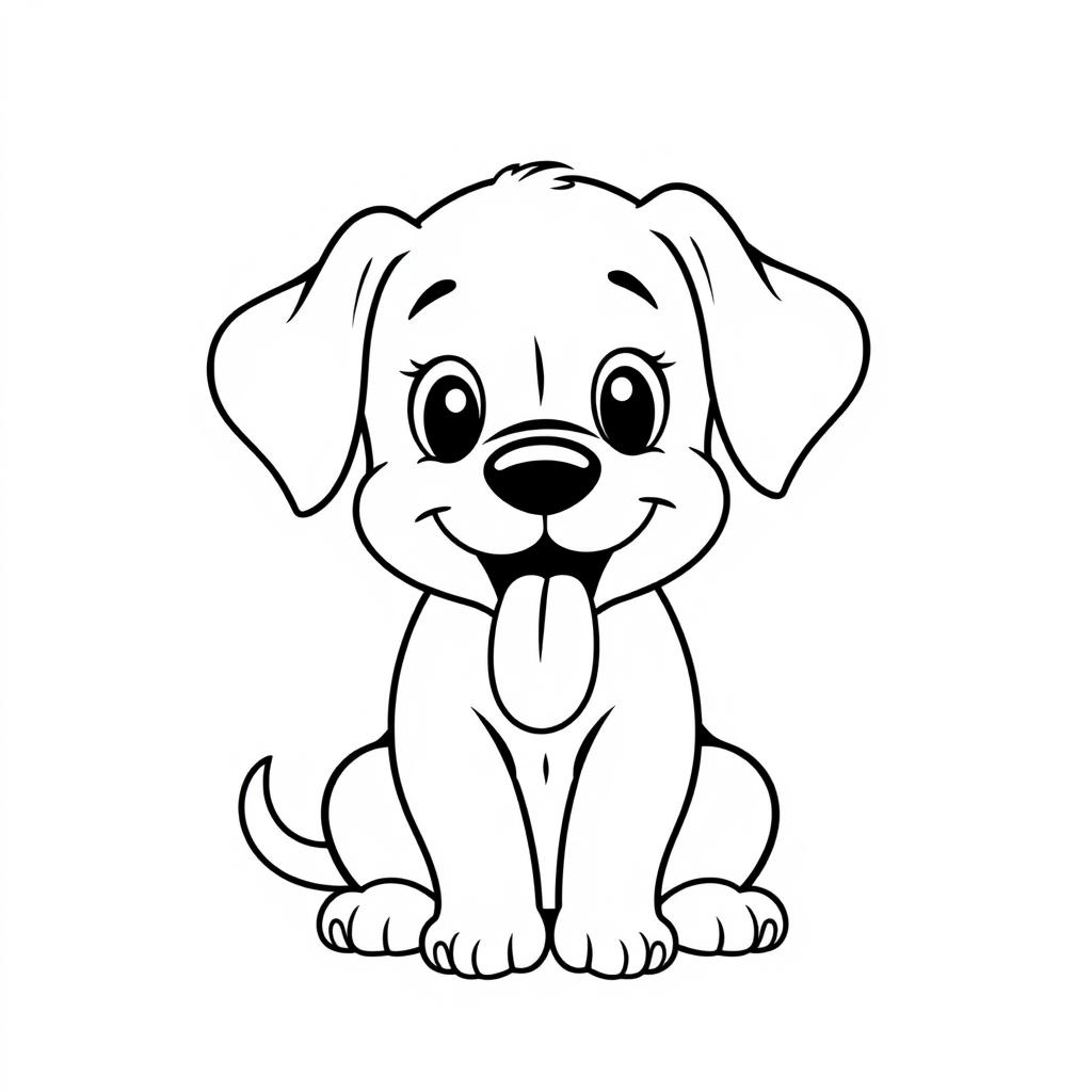 Cute and simple puppy, panting happily with its tongue out, outlined in bold black lines for a user-friendly coloring page