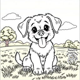 A detailed coloring page featuring a panting puppy with its tongue out, sitting happily in a grassy park