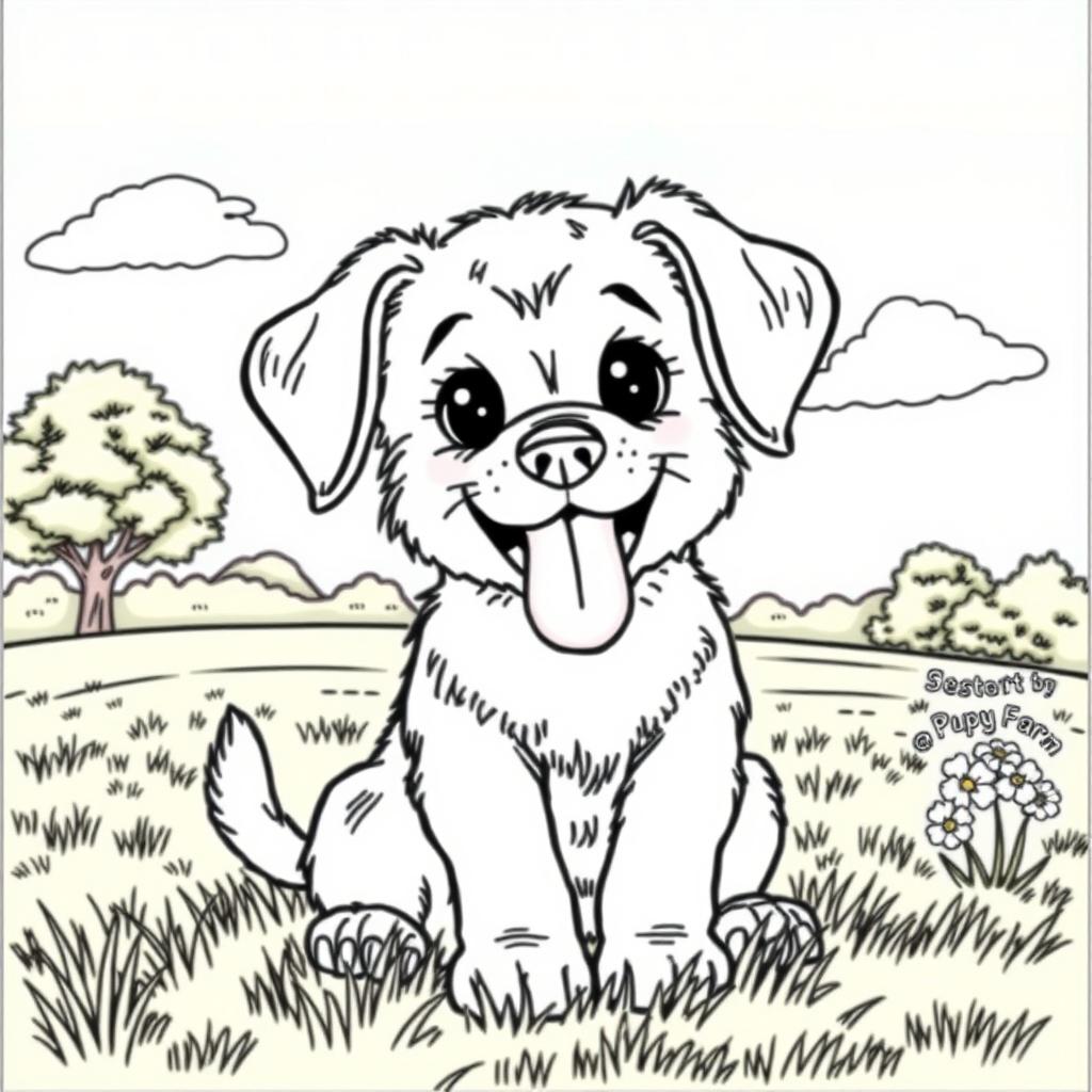 A detailed coloring page featuring a panting puppy with its tongue out, sitting happily in a grassy park