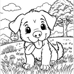 A detailed coloring page featuring a panting puppy with its tongue out, sitting happily in a grassy park