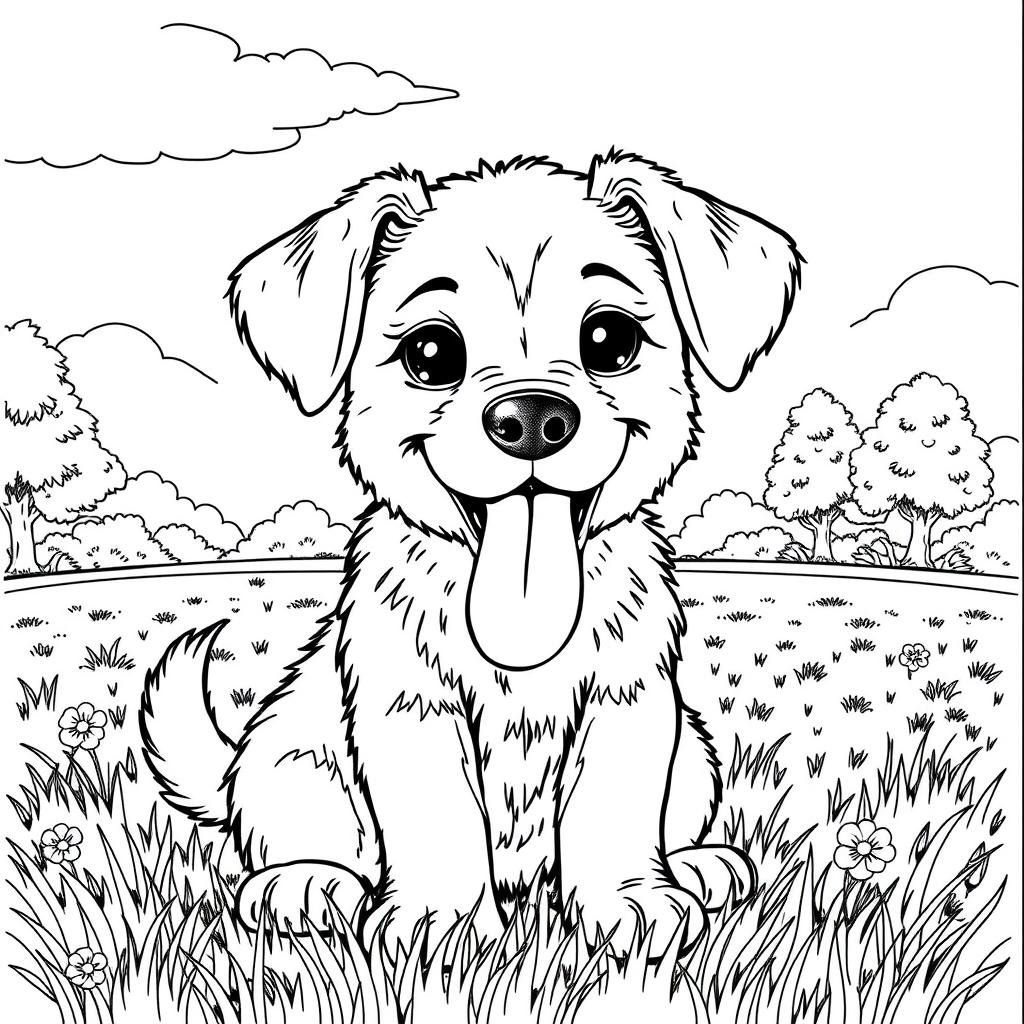 A detailed coloring page featuring a panting puppy with its tongue out, sitting happily in a grassy park