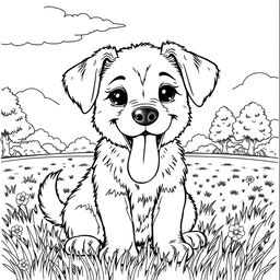 A detailed coloring page featuring a panting puppy with its tongue out, sitting happily in a grassy park